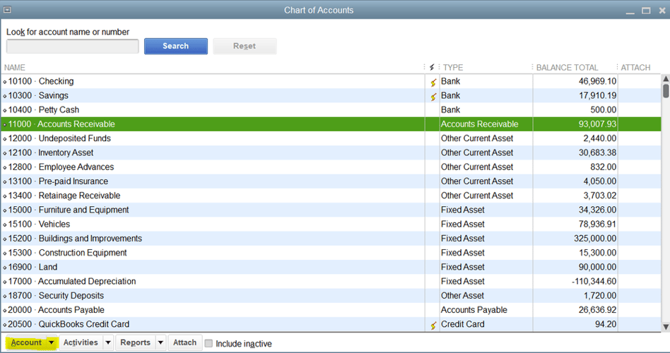 quicksbook Chart of Accounts